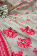 White Red Bhagalpur Cotton Silk Saree