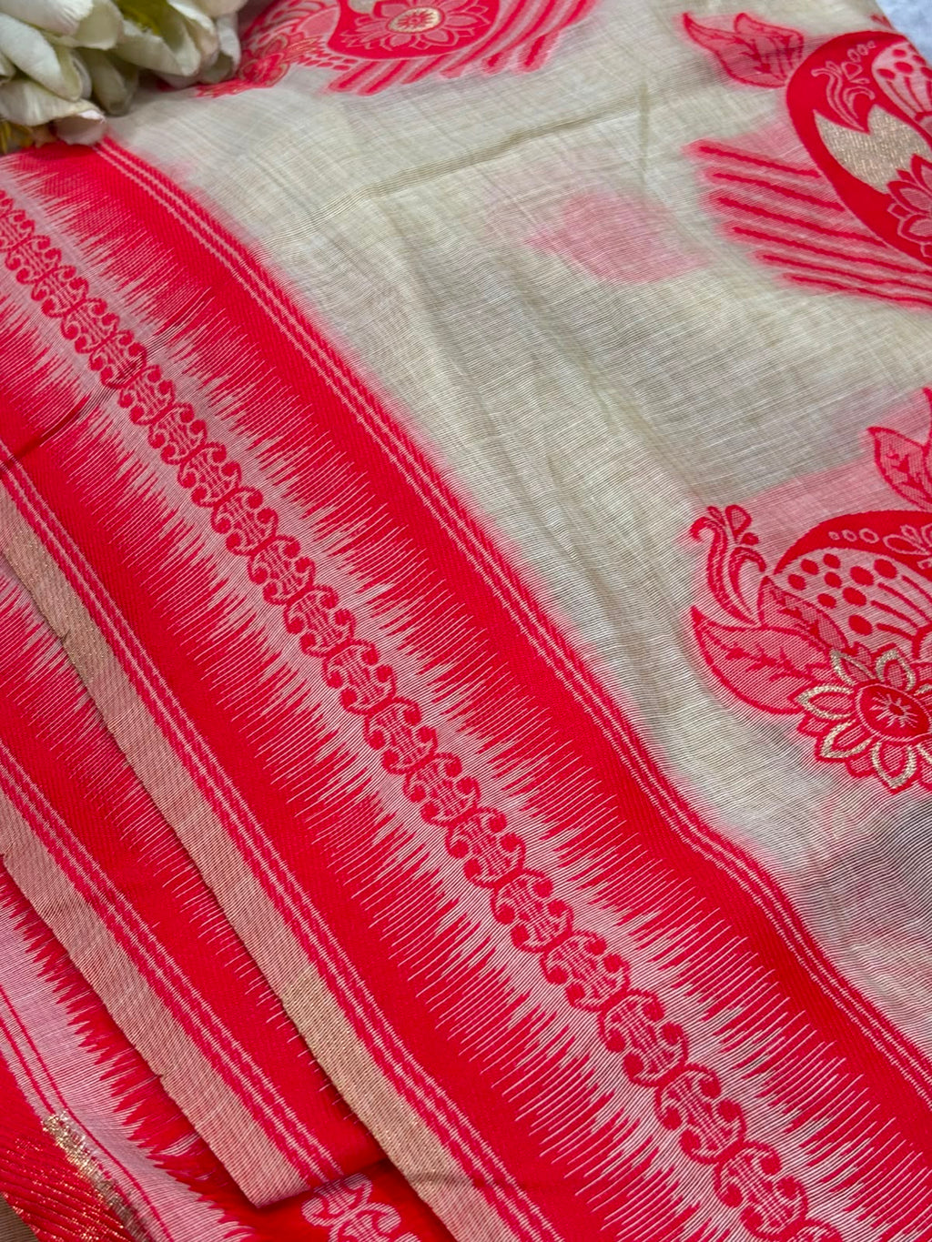 White Red Bhagalpur Cotton Silk Saree