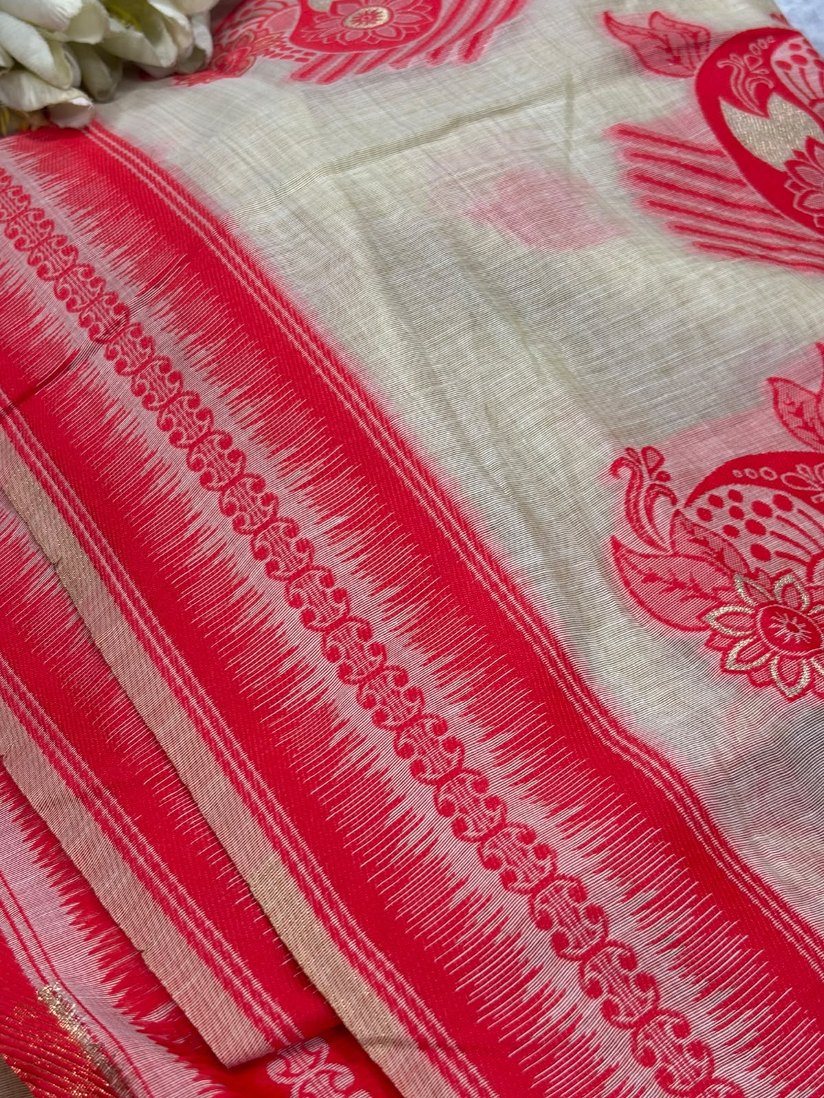 White Red Bhagalpur Cotton Silk Saree