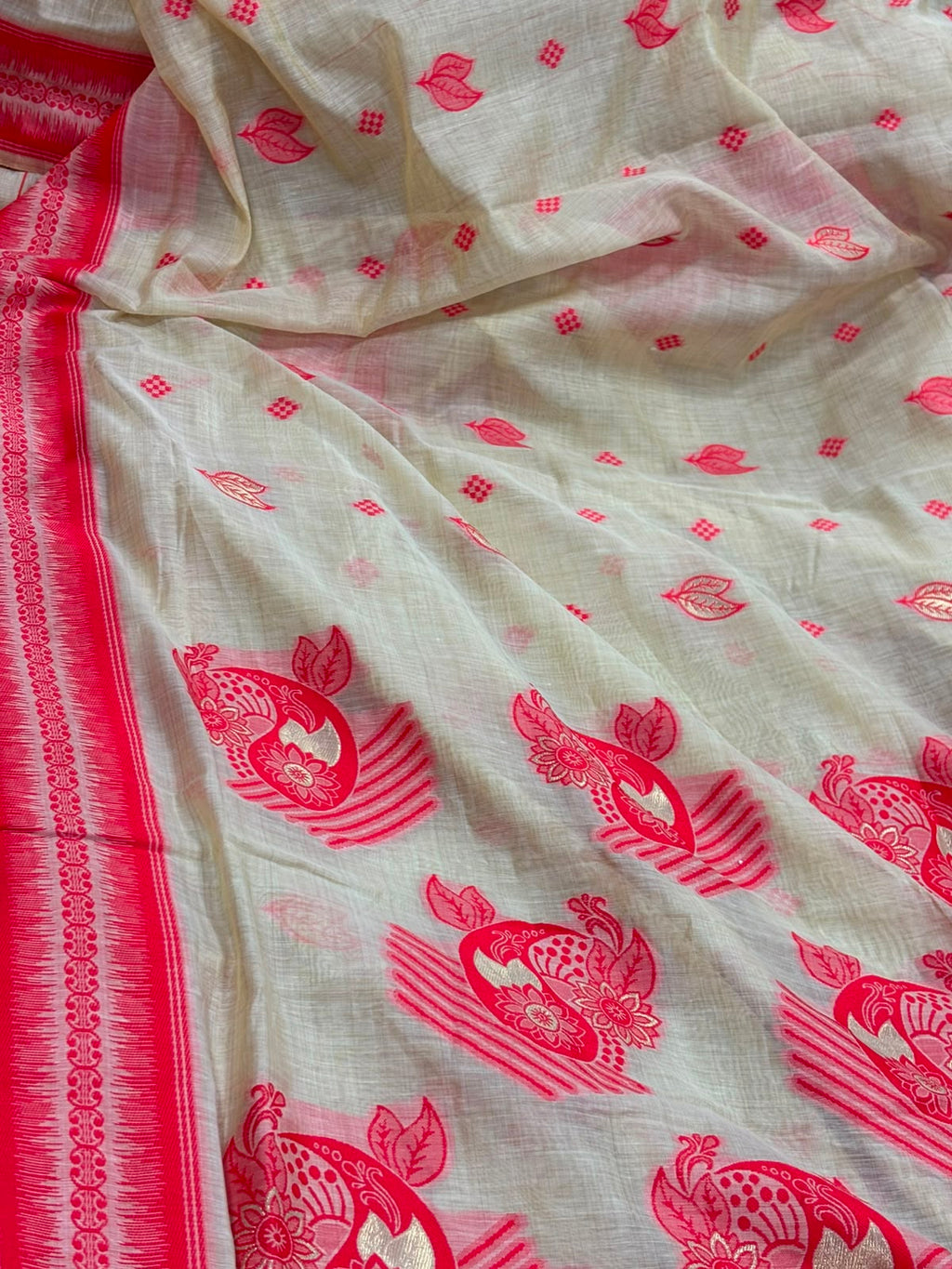 White Red Bhagalpur Cotton Silk Saree
