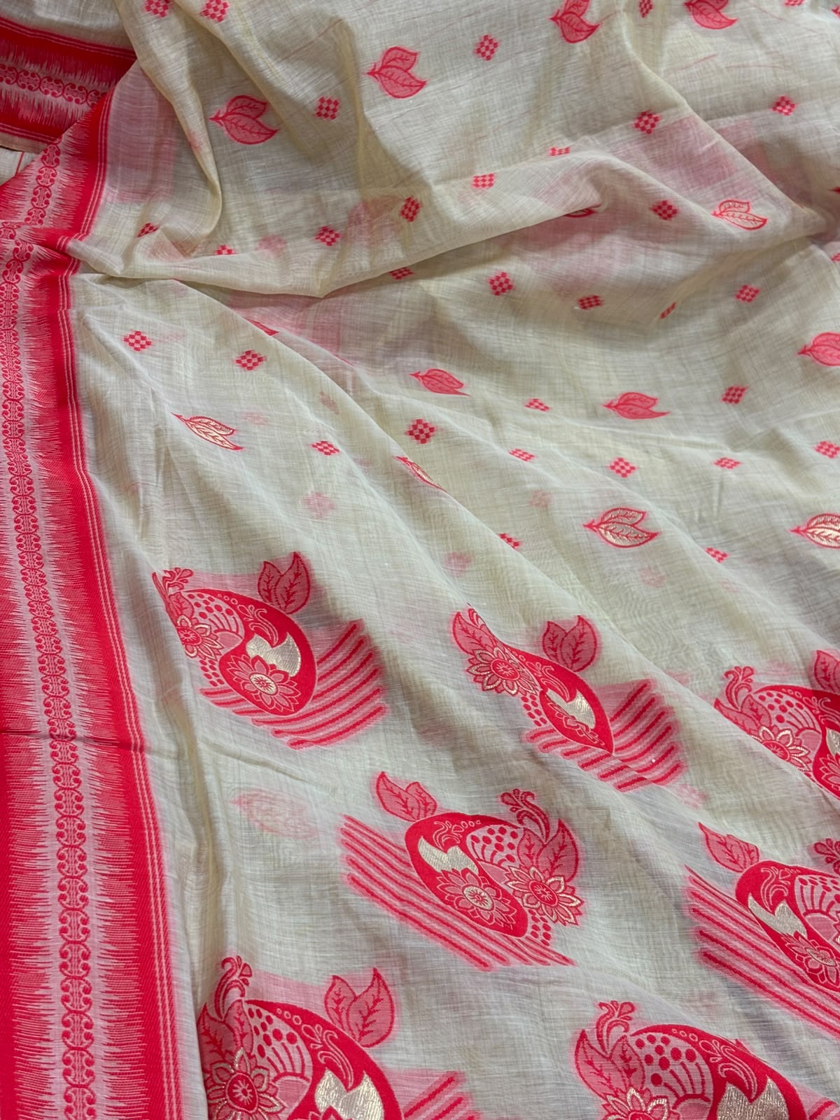 White Red Bhagalpur Cotton Silk Saree
