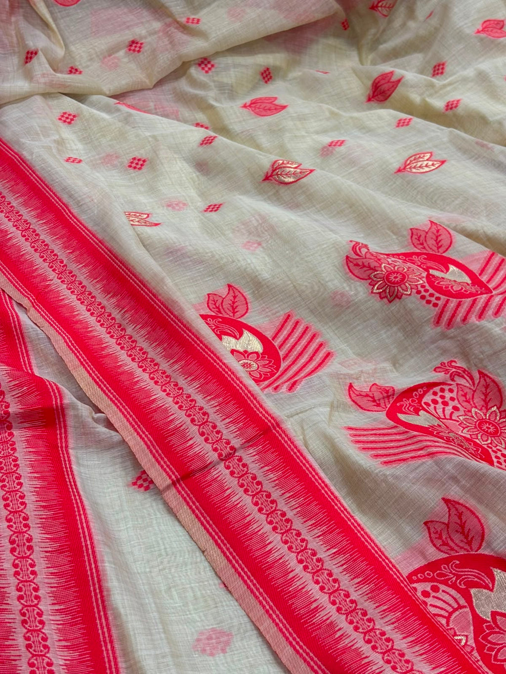 White Red Bhagalpur Cotton Silk Saree