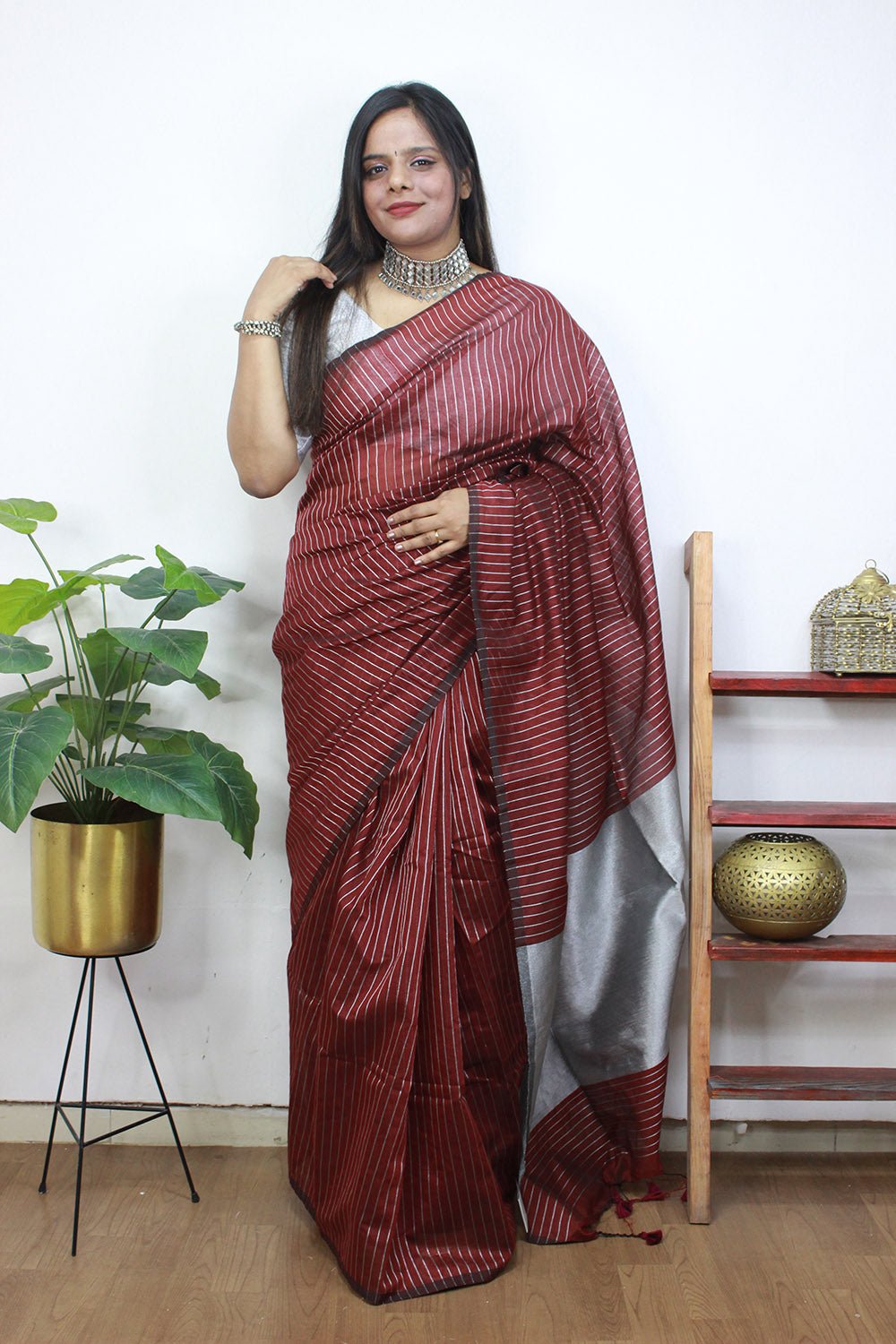 Elegant Maroon Handloom Bengal Tussar Cotton Silver Zari Stripe Design Saree - Luxurion World