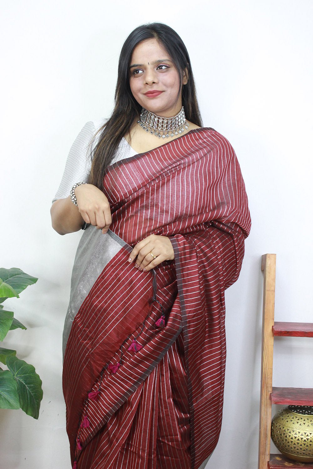 Elegant Maroon Handloom Bengal Tussar Cotton Silver Zari Stripe Design Saree - Luxurion World