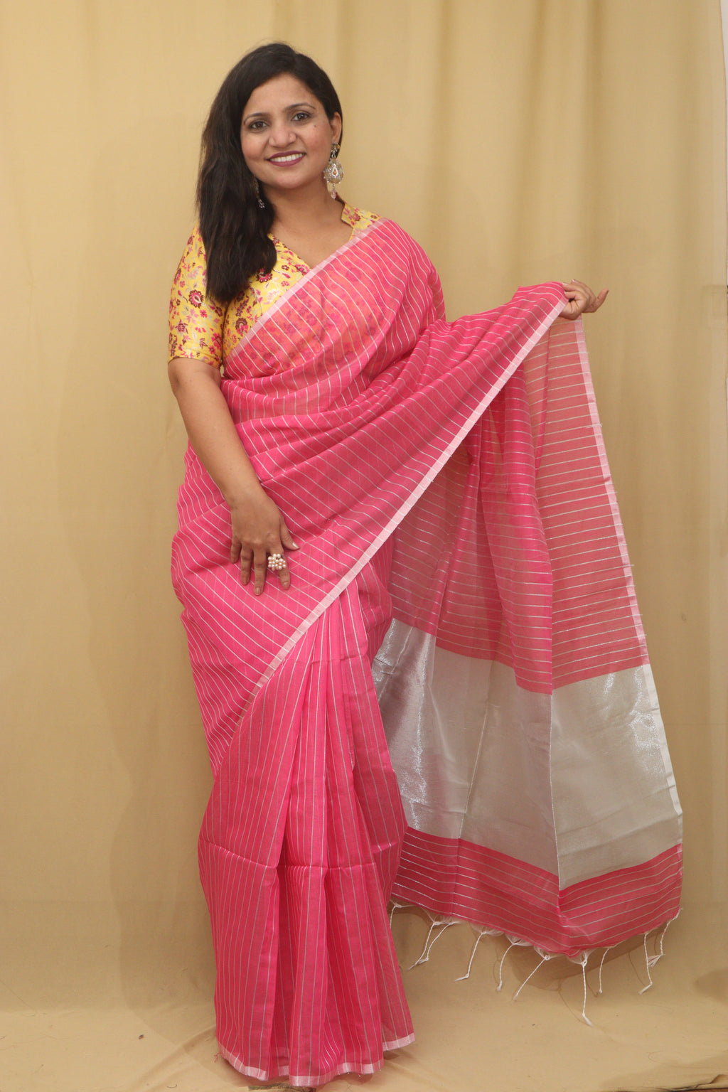 1 Min Ready To Wear -Pink Handloom Bengal Tussar Cotton Silver Zari Stripe Design Saree - Luxurion World