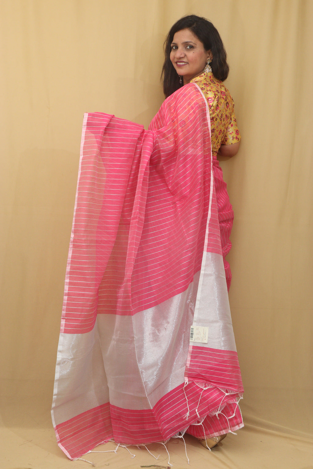 1 Min Ready To Wear -Pink Handloom Bengal Tussar Cotton Silver Zari Stripe Design Saree - Luxurion World