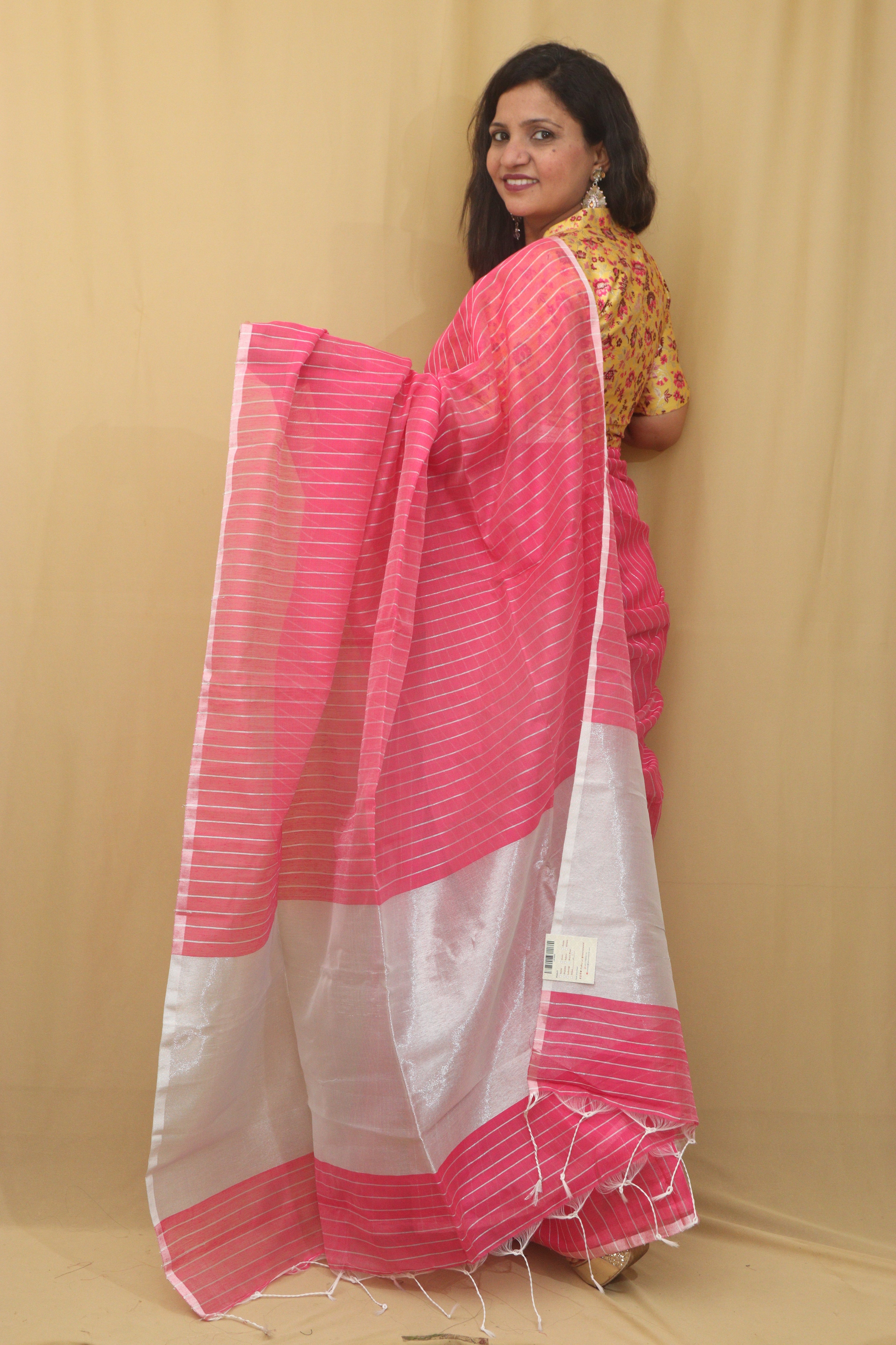 1 Min Ready To Wear -Pink Handloom Bengal Tussar Cotton Silver Zari Stripe Design Saree - Luxurion World