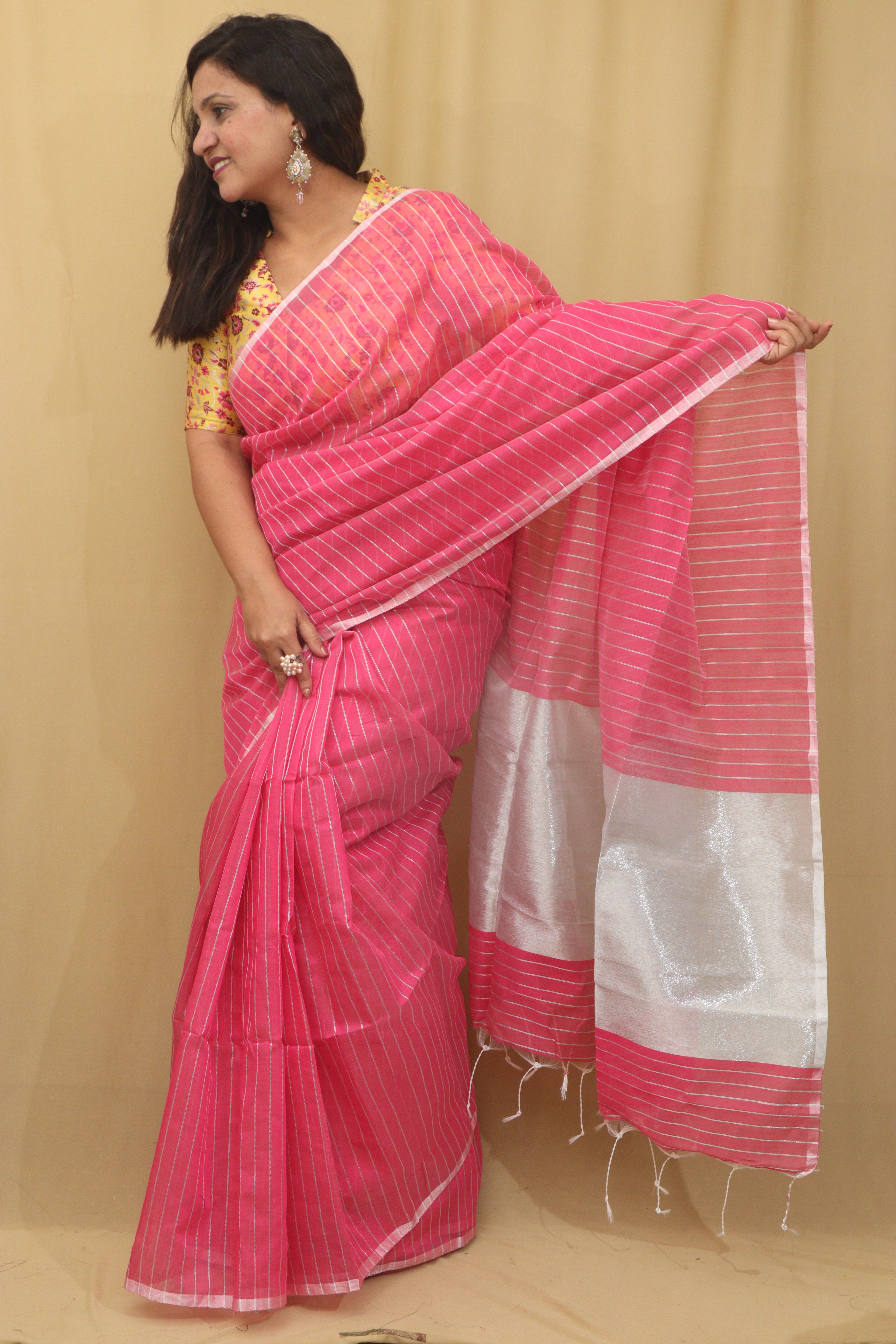 1 Min Ready To Wear -Pink Handloom Bengal Tussar Cotton Silver Zari Stripe Design Saree - Luxurion World