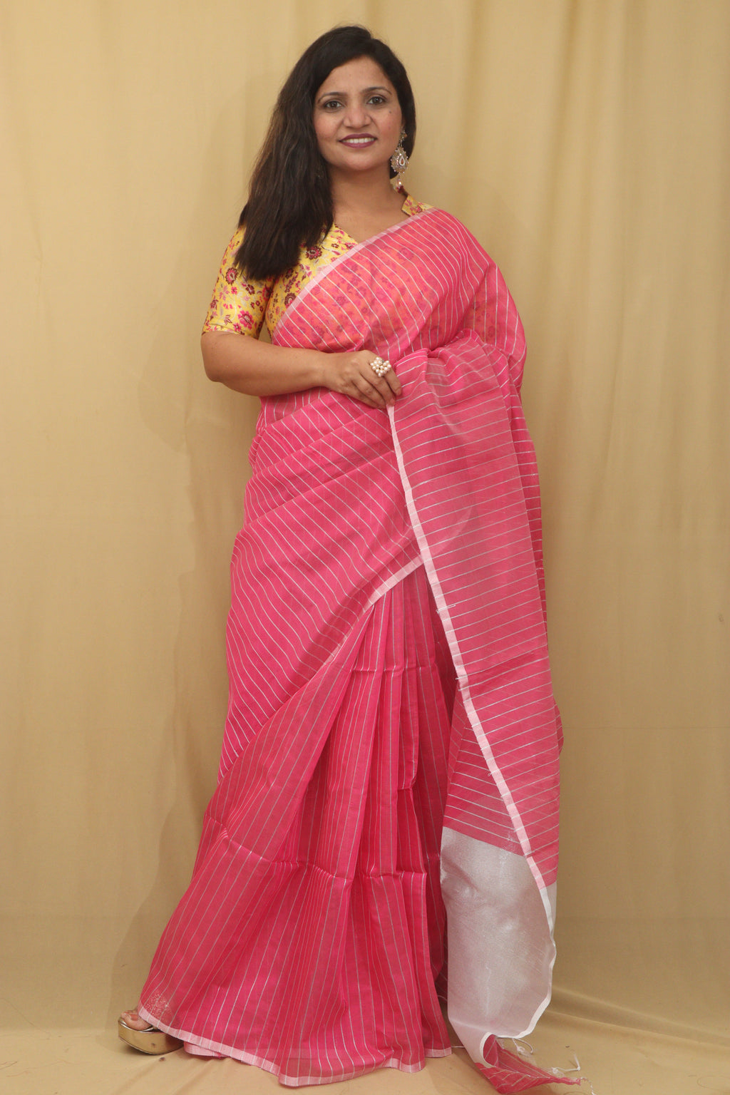 1 Min Ready To Wear -Pink Handloom Bengal Tussar Cotton Silver Zari Stripe Design Saree - Luxurion World