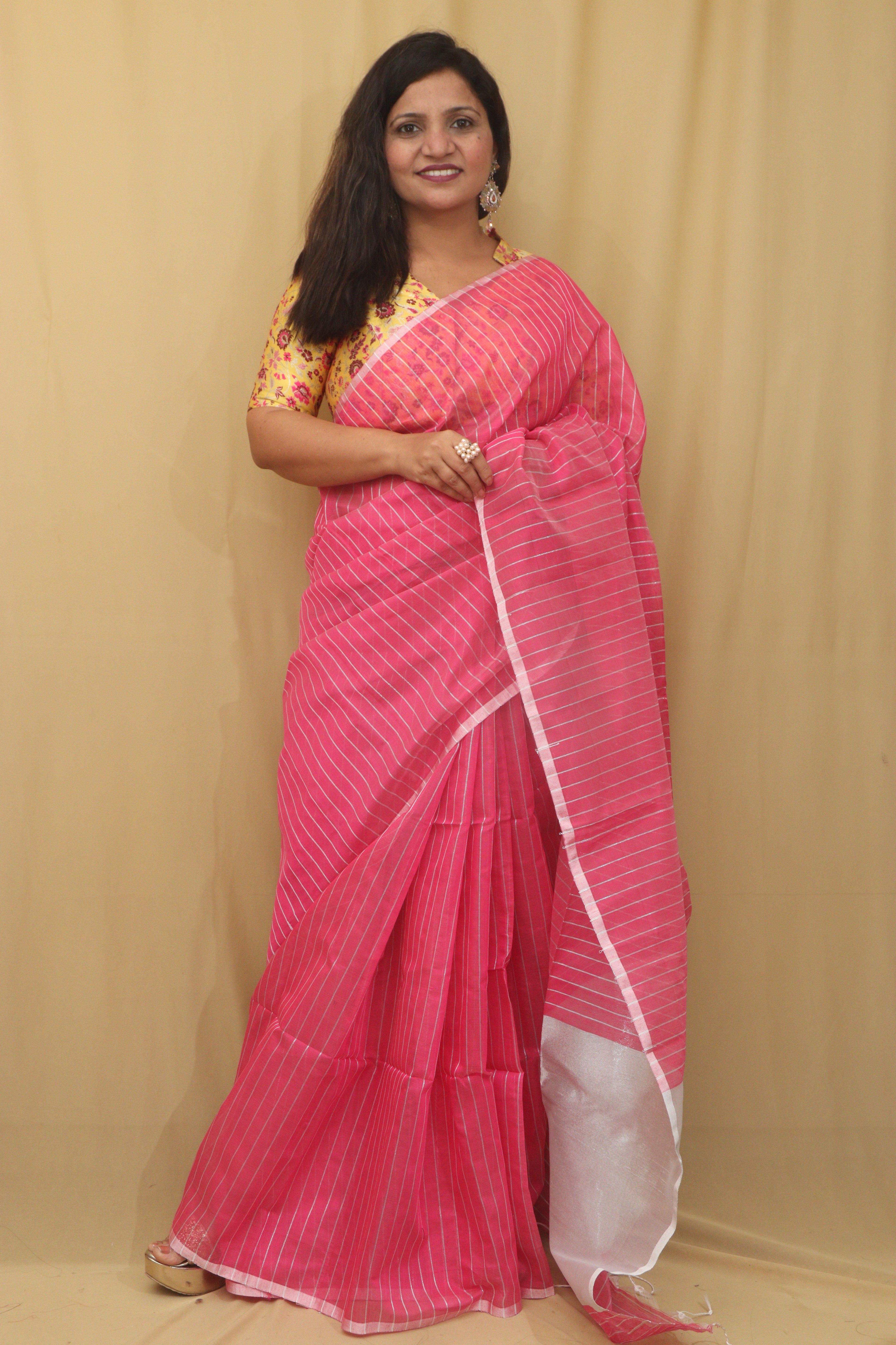 1 Min Ready To Wear -Pink Handloom Bengal Tussar Cotton Silver Zari Stripe Design Saree - Luxurion World