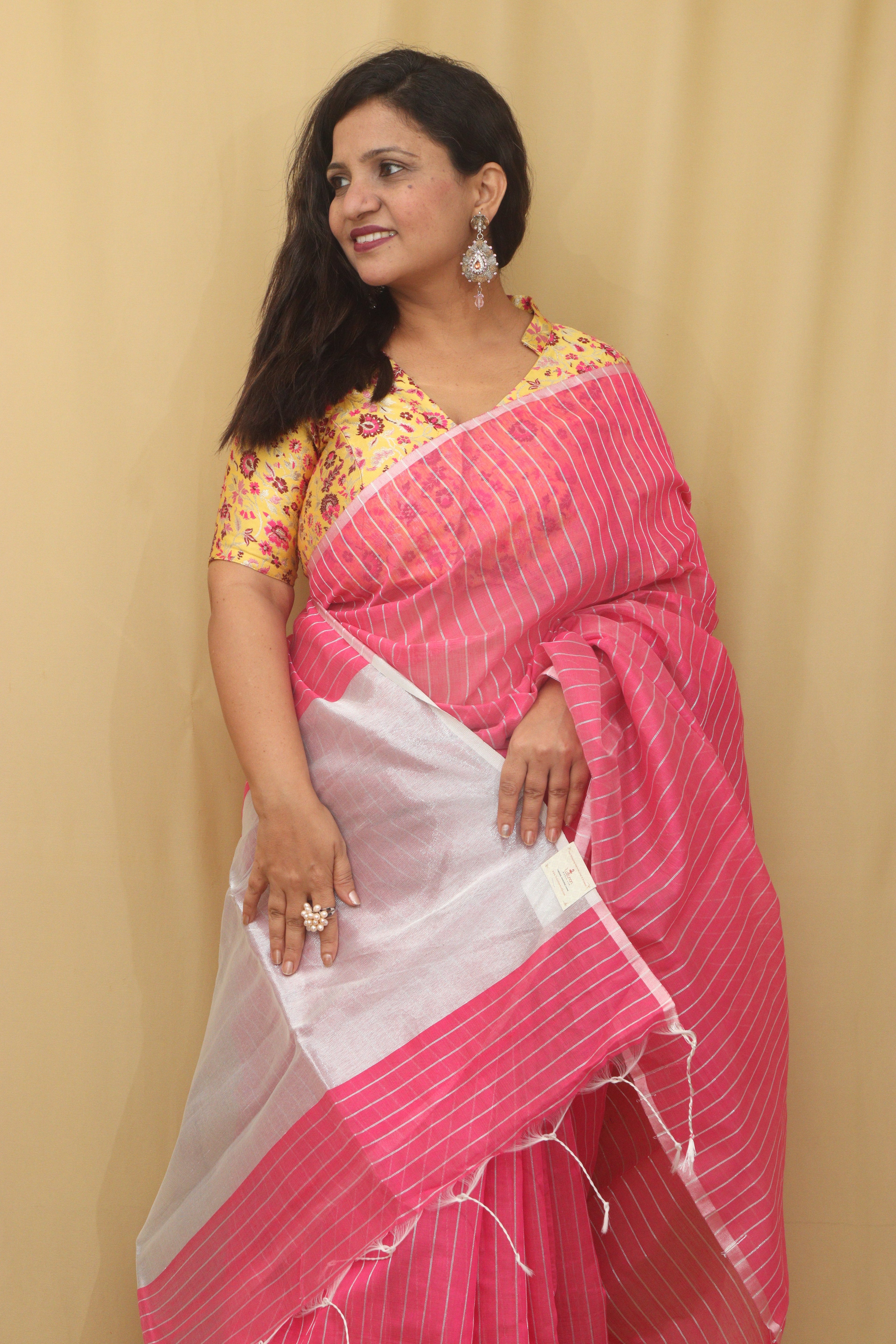 1 Min Ready To Wear -Pink Handloom Bengal Tussar Cotton Silver Zari Stripe Design Saree - Luxurion World
