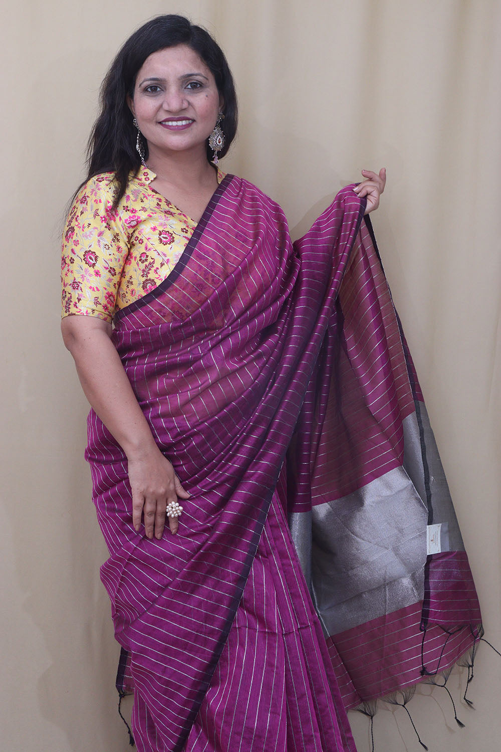 Purple Handloom Bengal Tussar Cotton Silver Zari Stripe Design Saree - Luxurion World