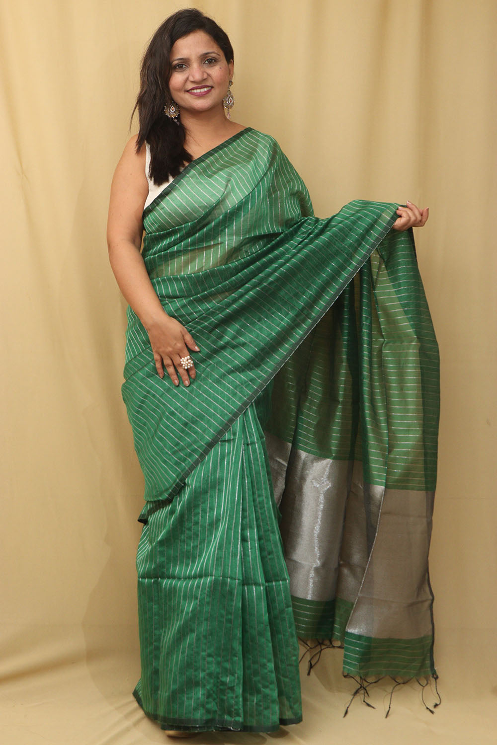 1 Min Ready To Wear - Green Handloom Bengal Tussar Cotton Silver Zari Stripe Design Saree - Luxurion World