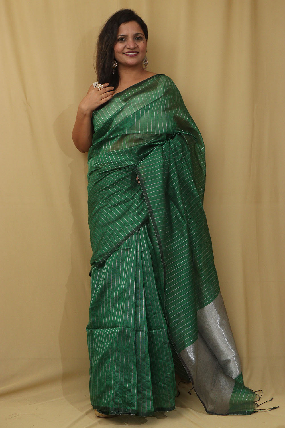 1 Min Ready To Wear - Green Handloom Bengal Tussar Cotton Silver Zari Stripe Design Saree - Luxurion World