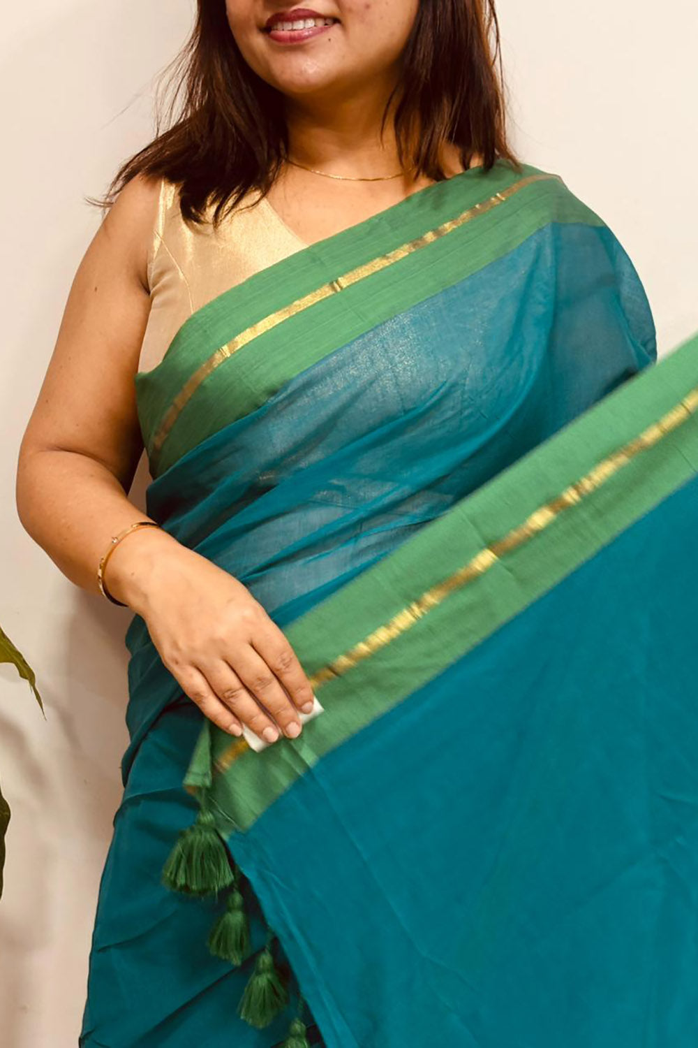 Blue Green Bengal Mul Cotton Saree Everyday Wear