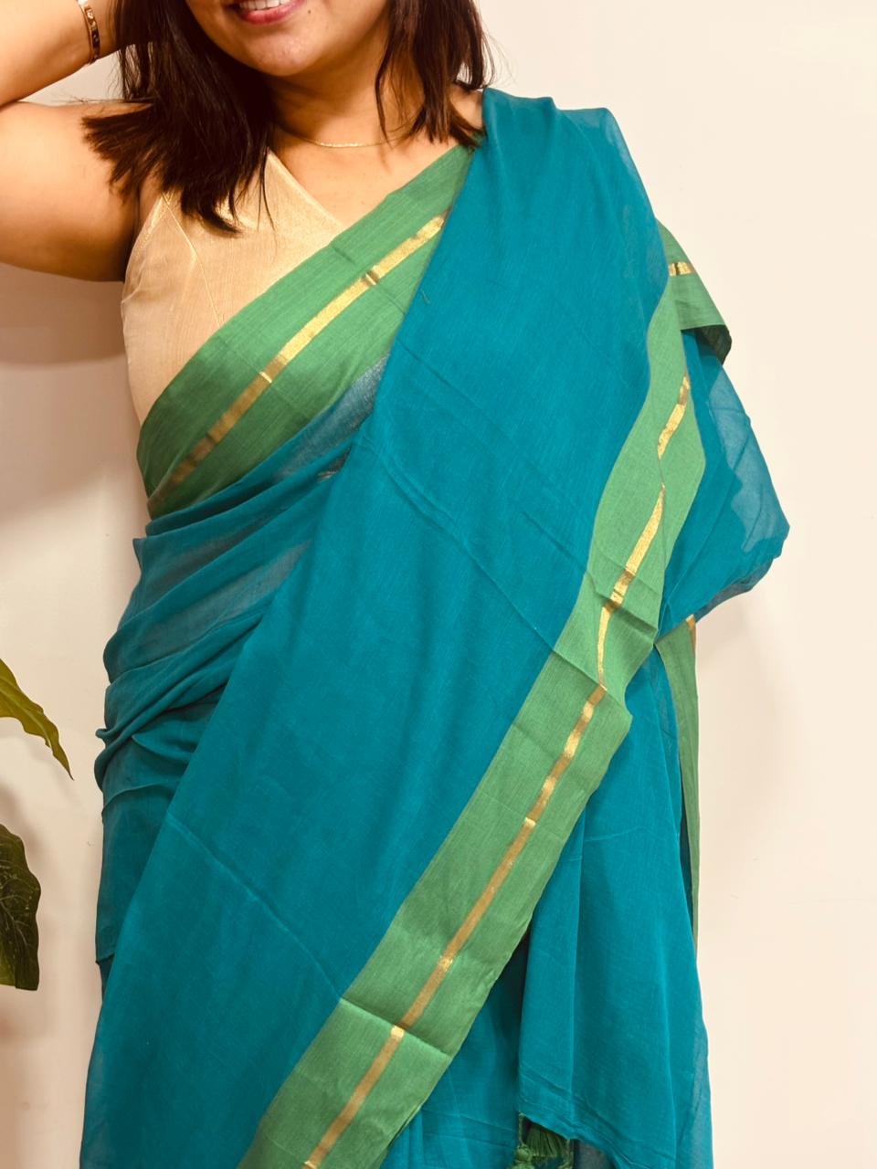 Blue Green Bengal Mul Cotton Saree Everyday Wear