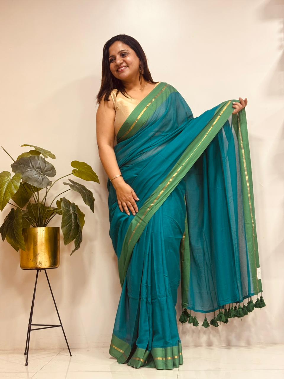 Blue Green Bengal Mul Cotton Saree Everyday Wear