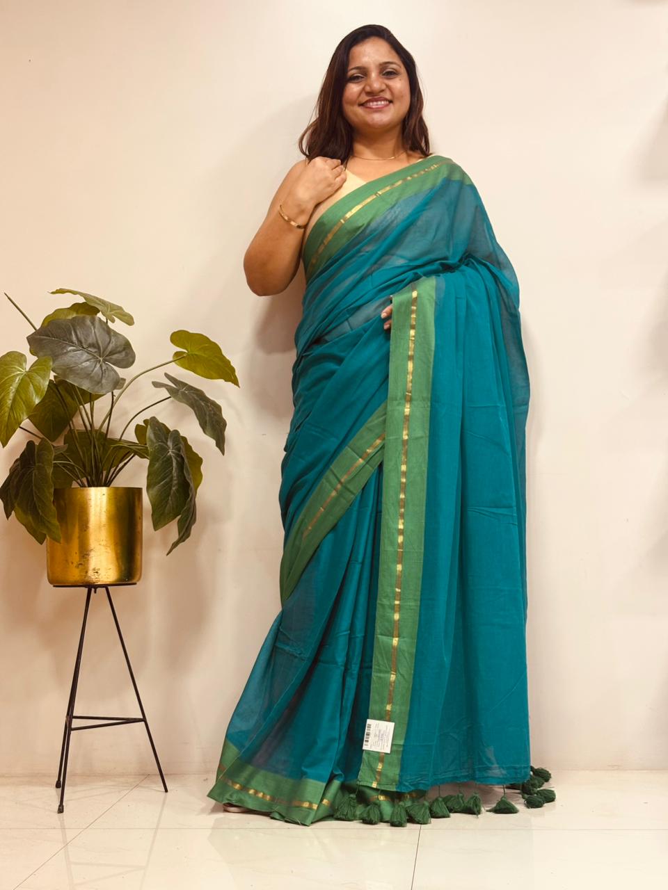 Blue Green Bengal Mul Cotton Saree Everyday Wear