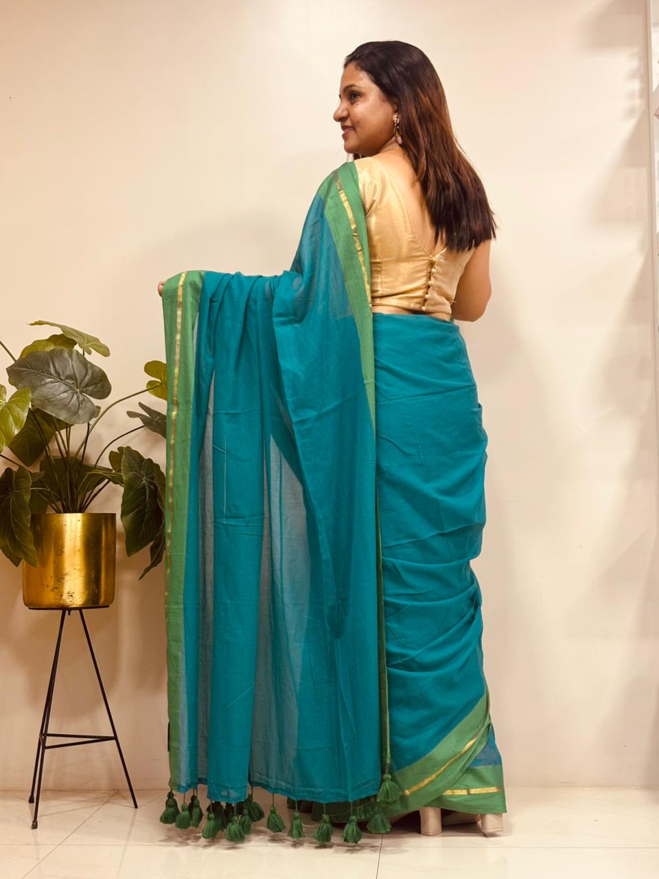 Blue Green Bengal Mul Cotton Saree Everyday Wear