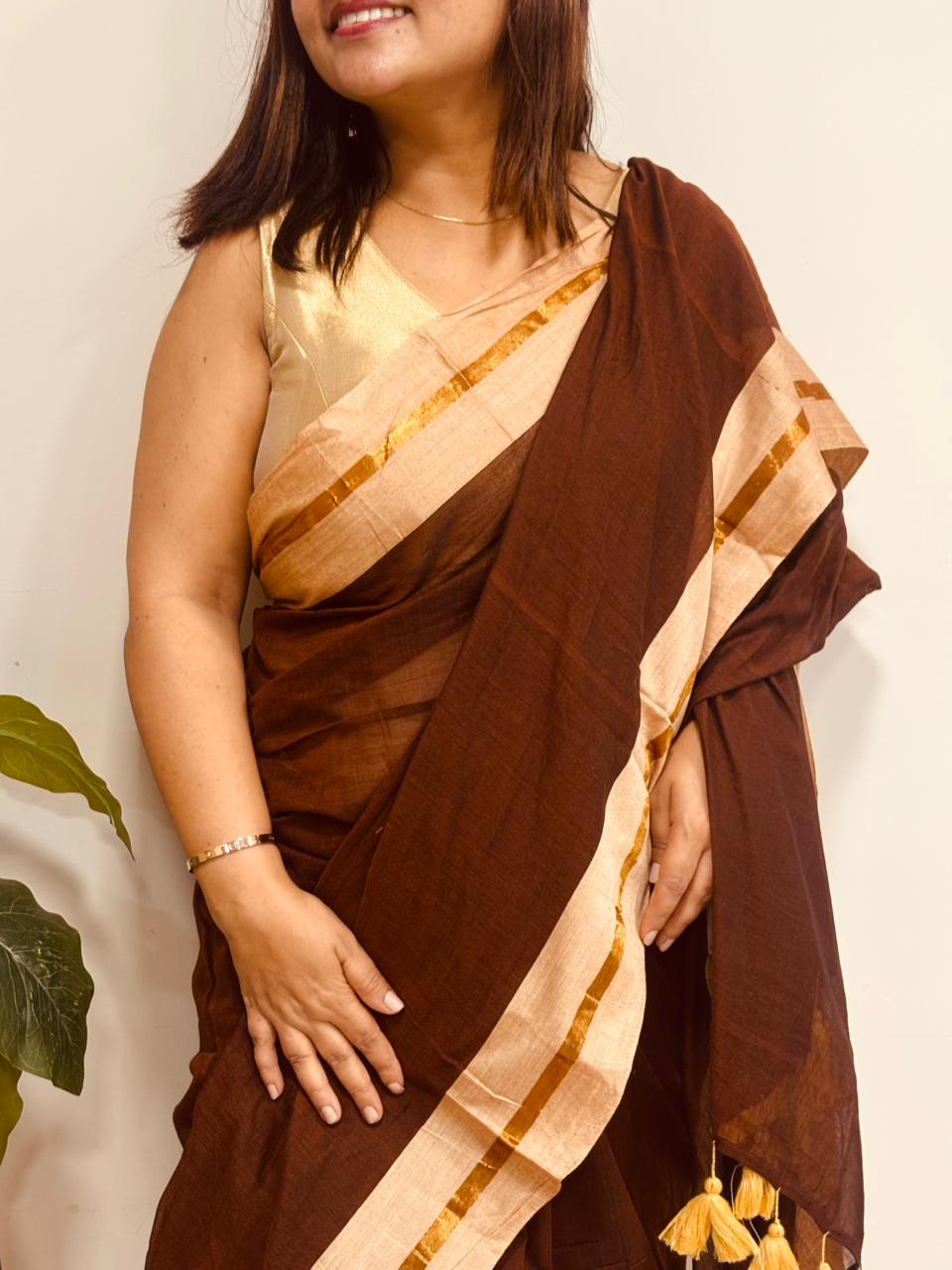 Brown Bengal Mul Cotton Saree Everyday Wear