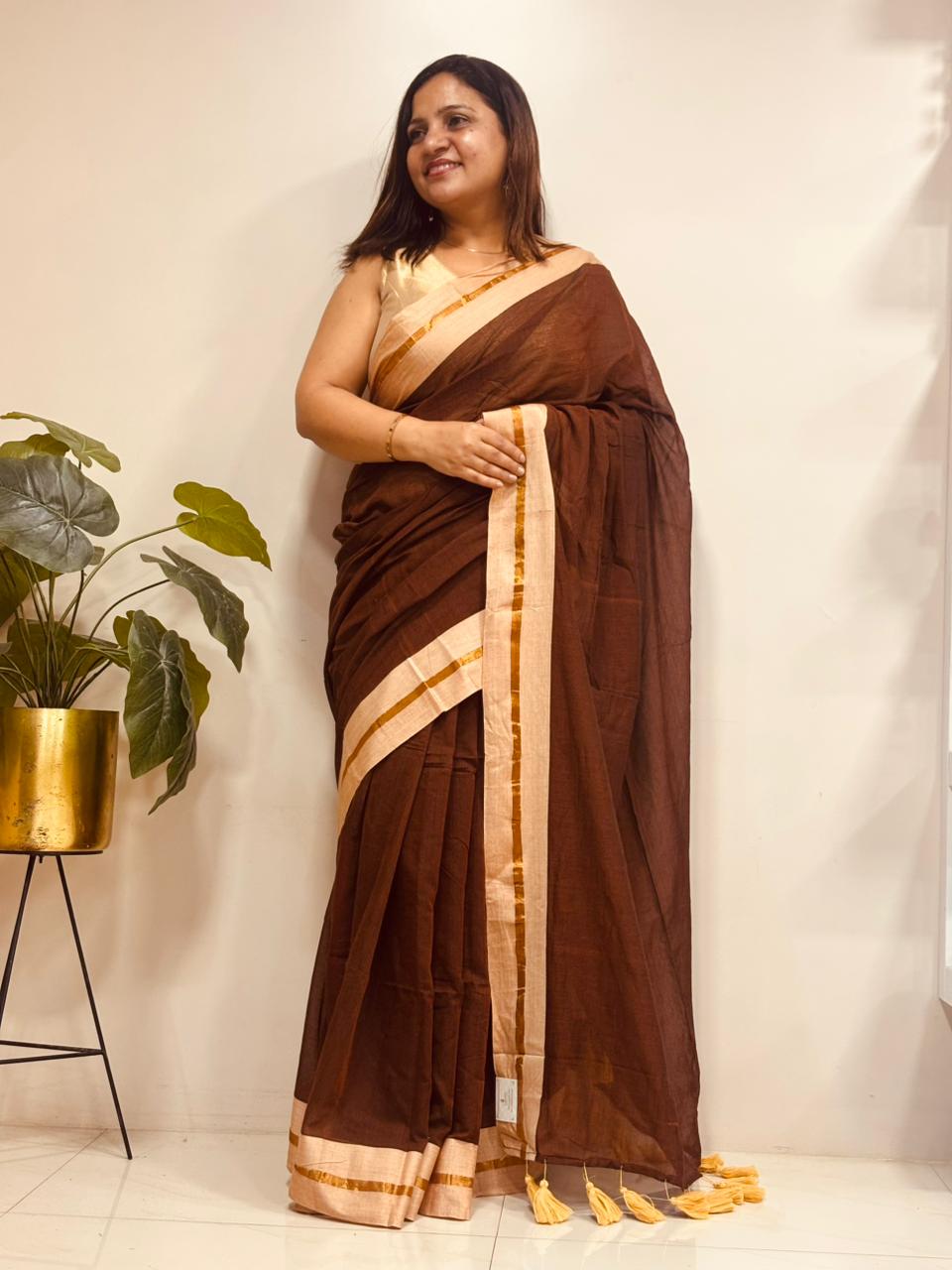 Brown Bengal Mul Cotton Saree Everyday Wear