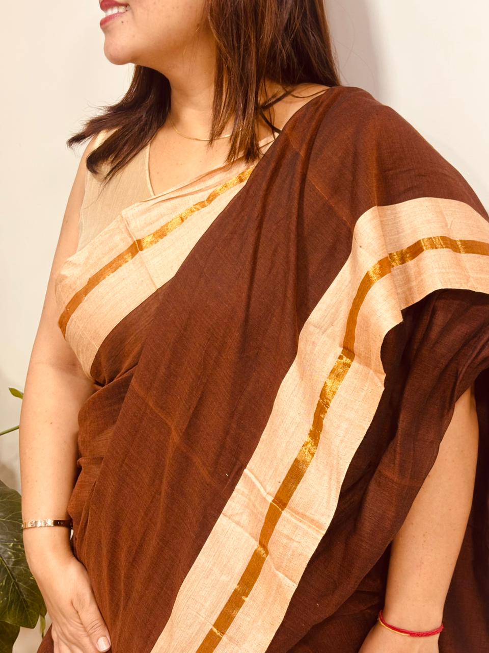 Brown Bengal Mul Cotton Saree Everyday Wear