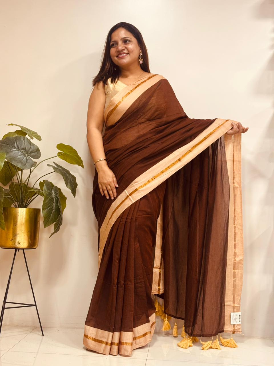 Brown Bengal Mul Cotton Saree Everyday Wear