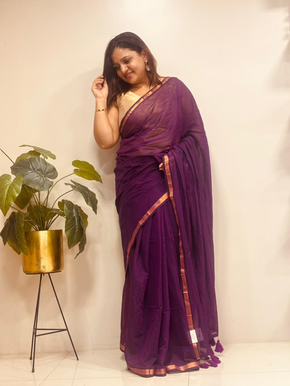 Purple Bengal Mul Cotton Saree Everyday Wear