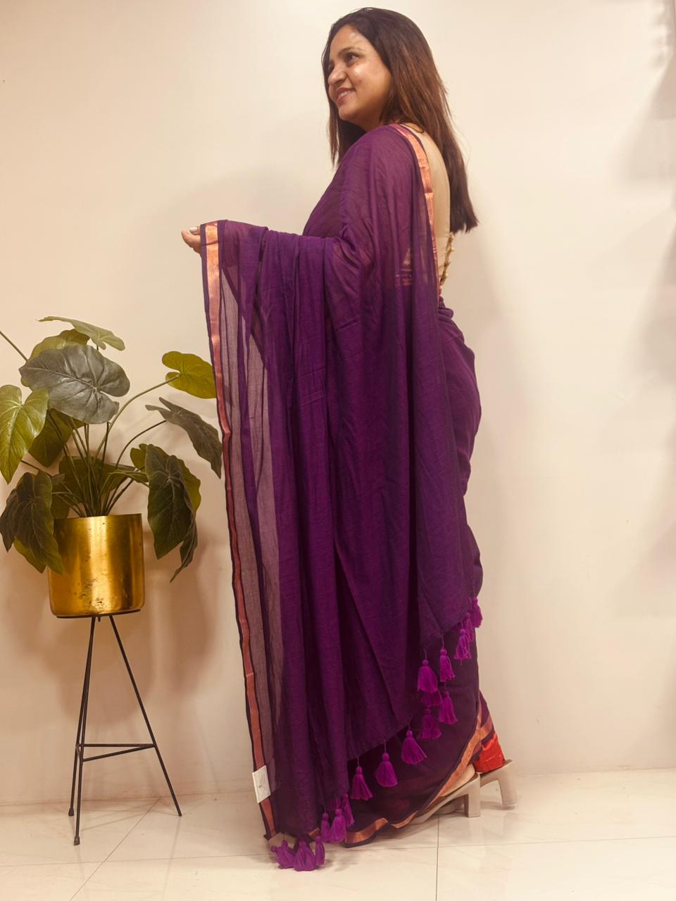 Purple Bengal Mul Cotton Saree Everyday Wear