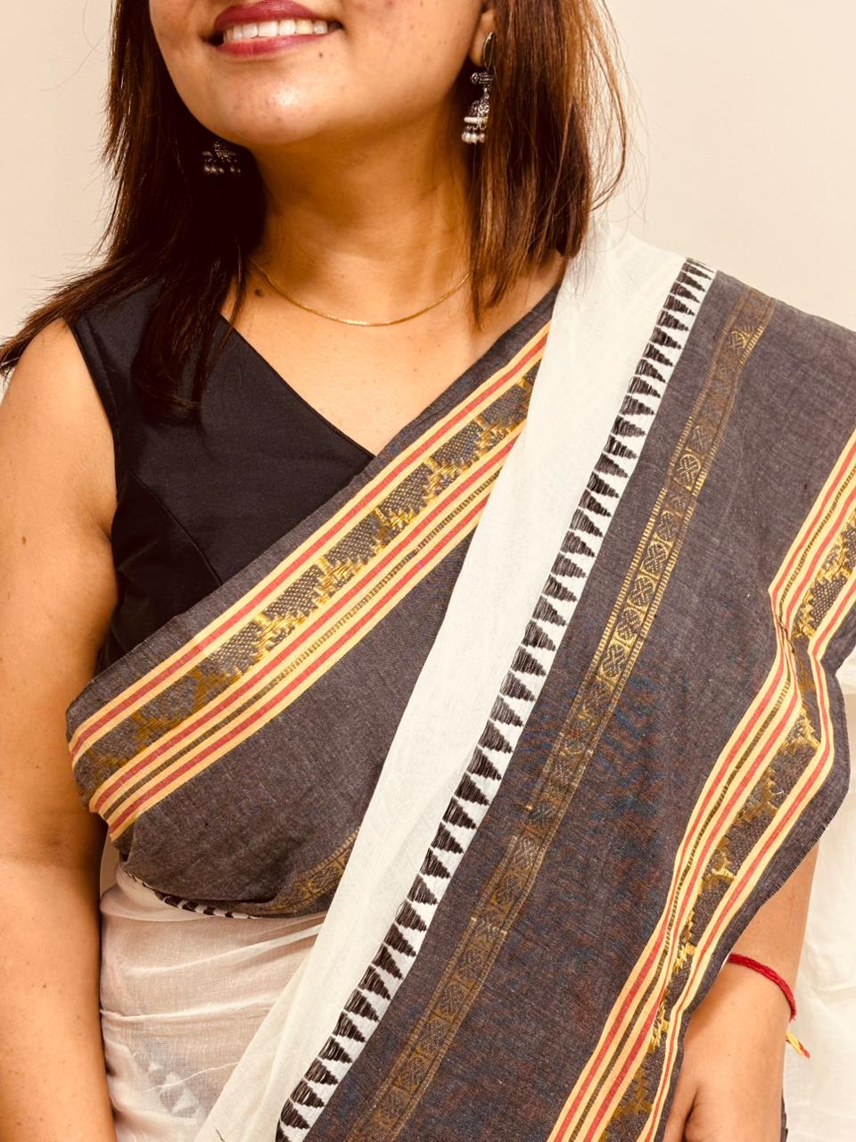 White Grey Bengal Mul Cotton Saree Everyday Wear