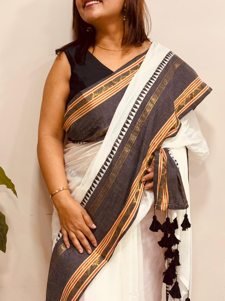 White Grey Bengal Mul Cotton Saree Everyday Wear