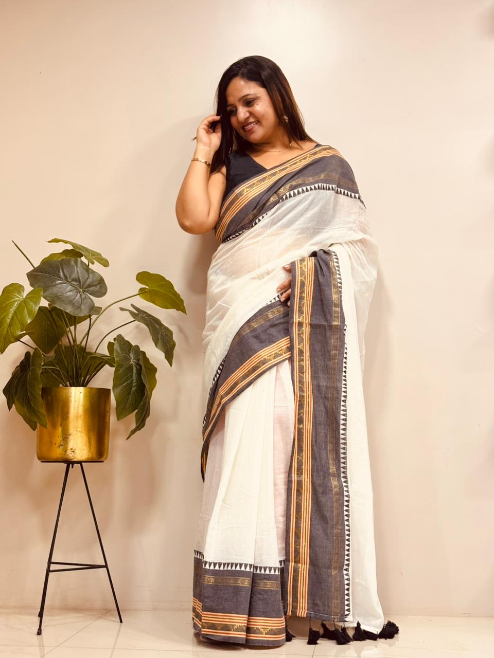 White Grey Bengal Mul Cotton Saree Everyday Wear