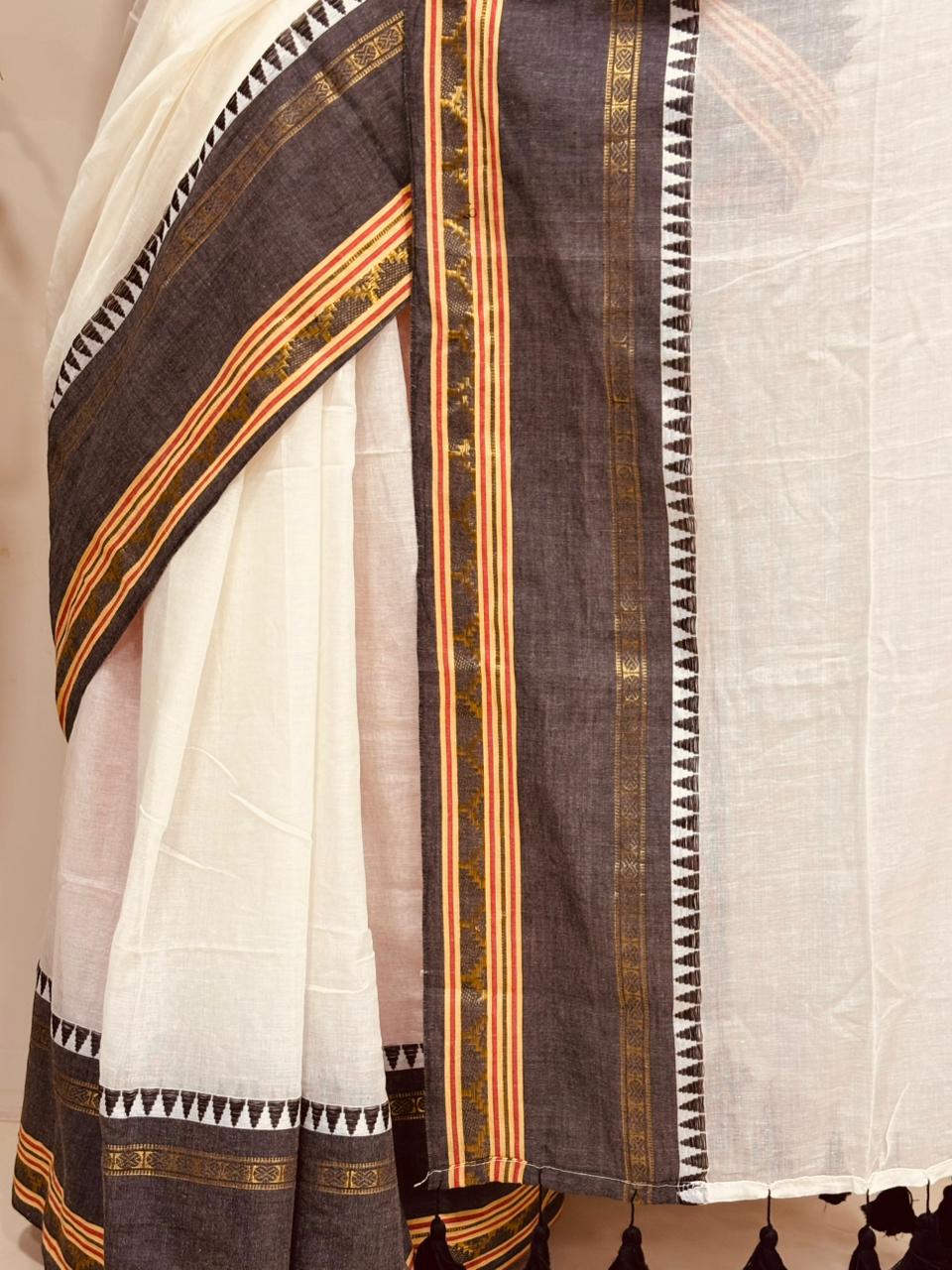 White Grey Bengal Mul Cotton Saree Everyday Wear
