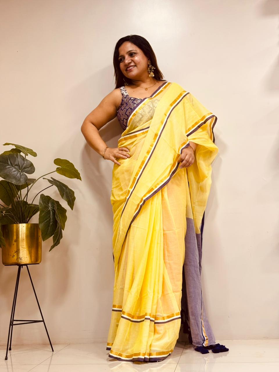 Yellow Bengal Mul Cotton Saree Festive Wear