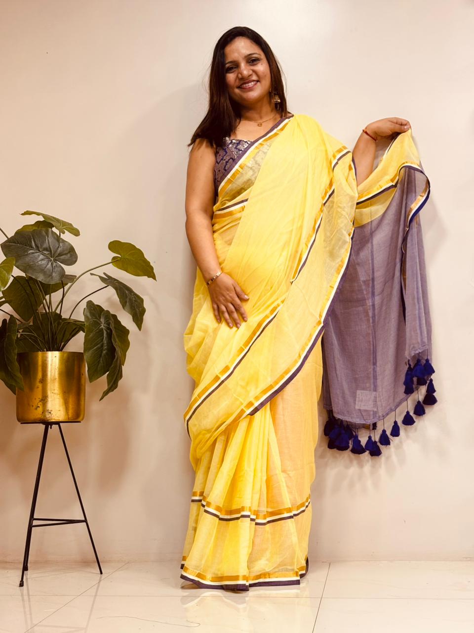 Yellow Bengal Mul Cotton Saree Festive Wear