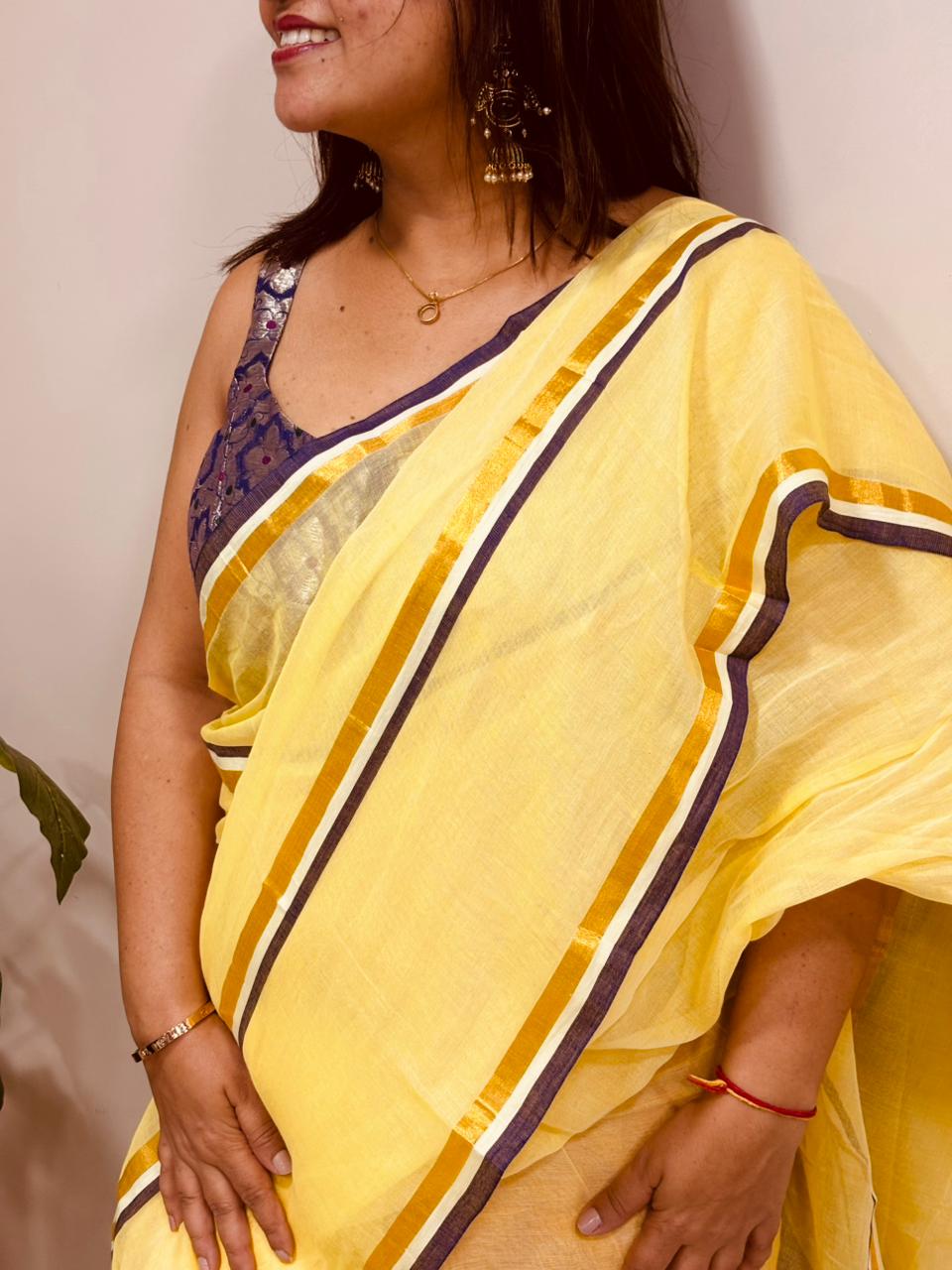Yellow Bengal Mul Cotton Saree Festive Wear