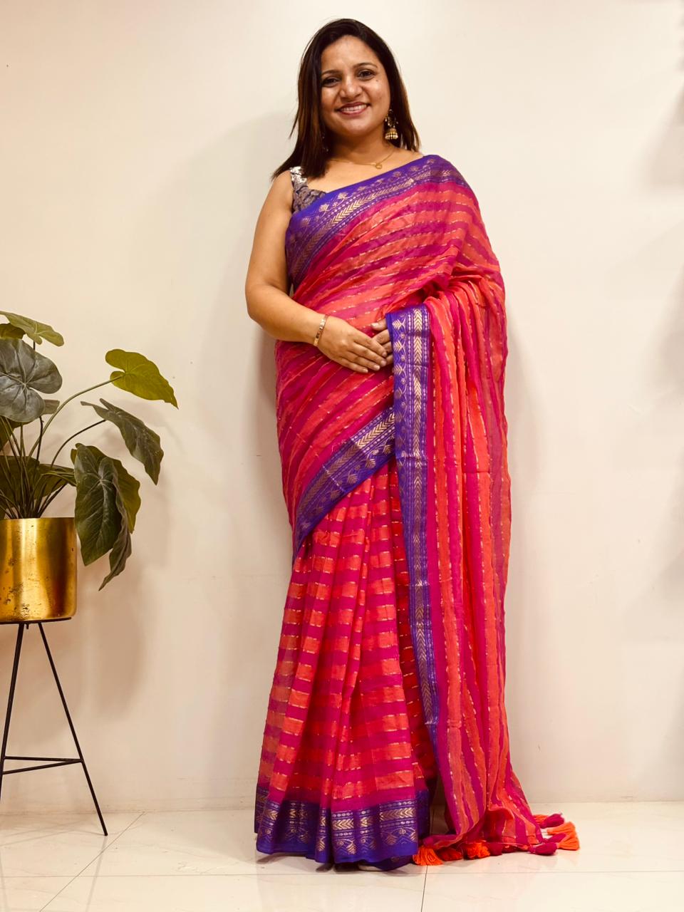 Pink Bengal Mul Cotton Saree Everyday Wear