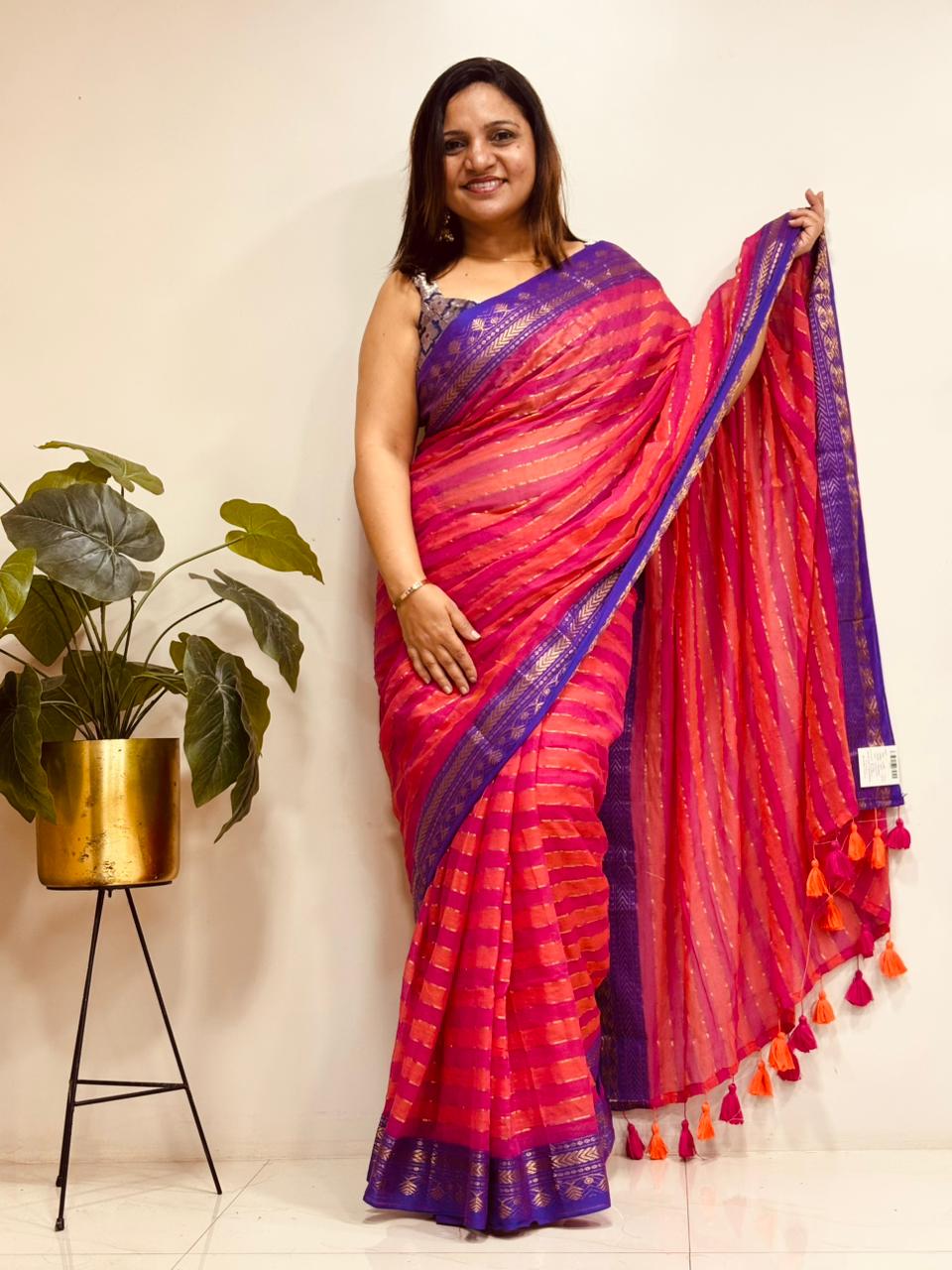 Pink Bengal Mul Cotton Saree Everyday Wear