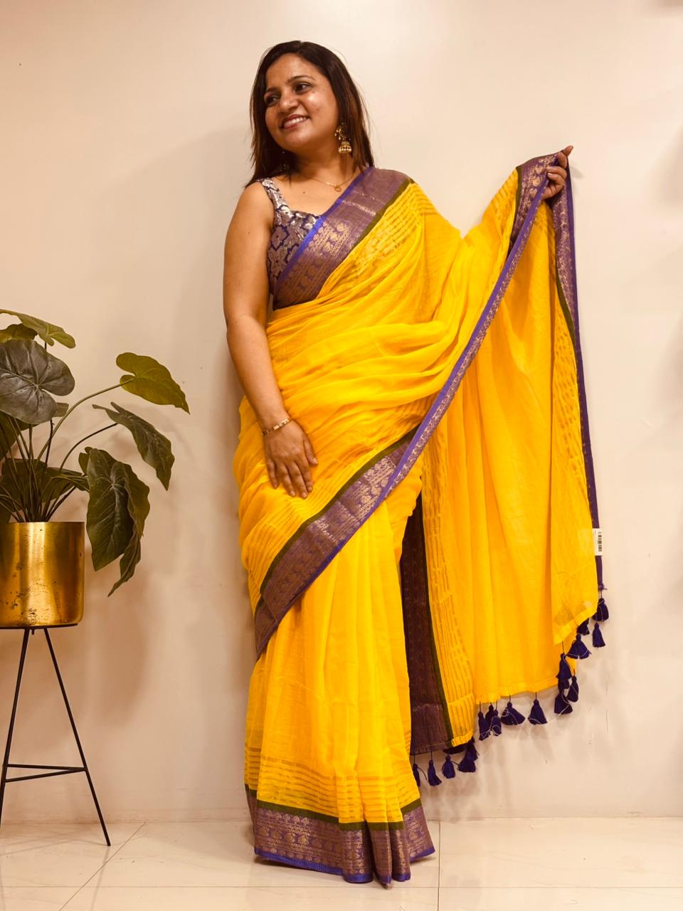 Yellow Bengal Mul Cotton Saree Everyday Wear