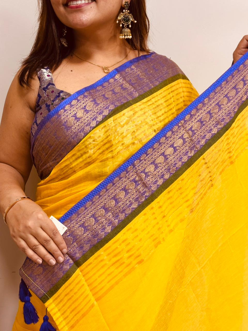 Yellow Bengal Mul Cotton Saree Everyday Wear