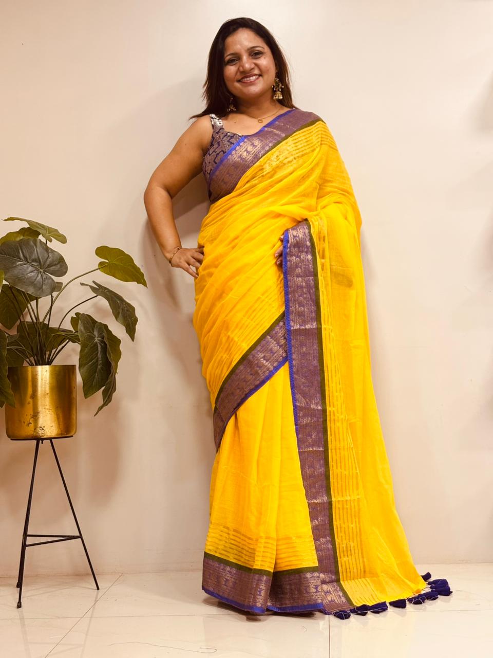 Yellow Bengal Mul Cotton Saree Everyday Wear