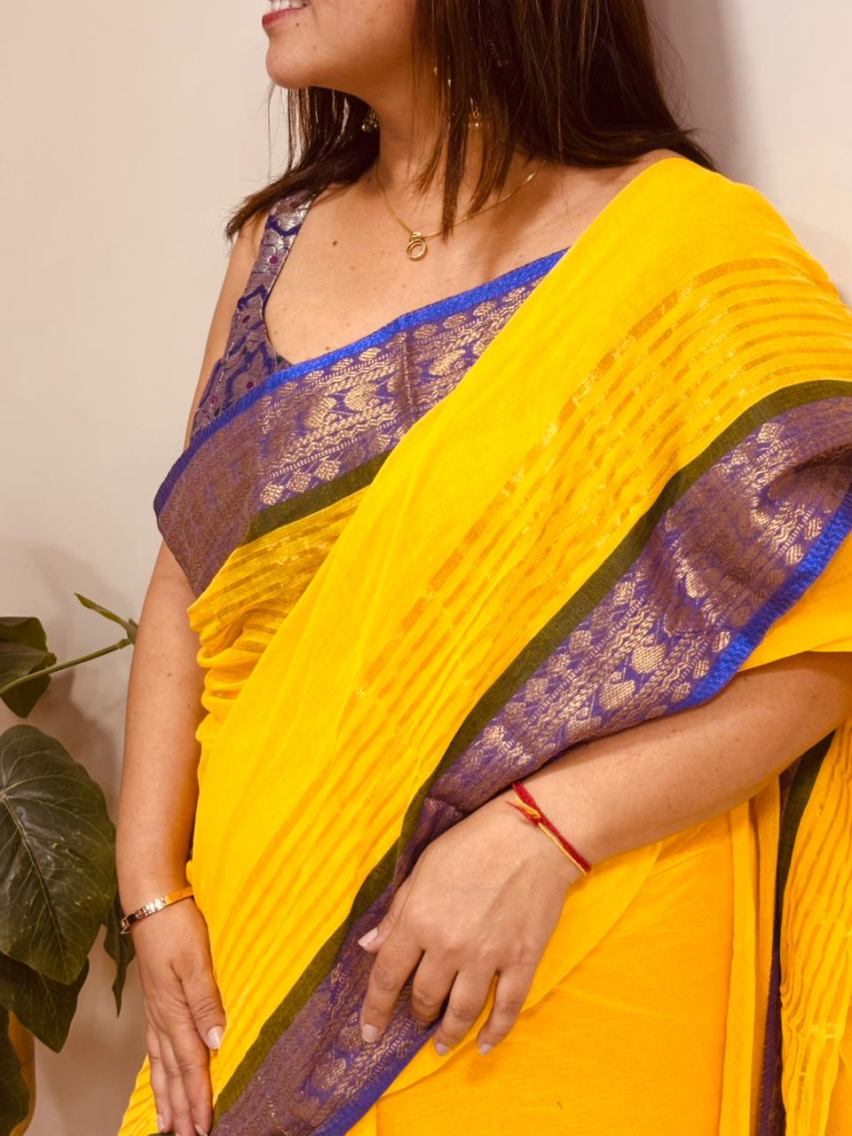 Yellow Bengal Mul Cotton Saree Everyday Wear