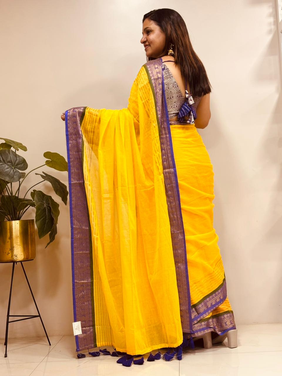 Yellow Bengal Mul Cotton Saree Everyday Wear