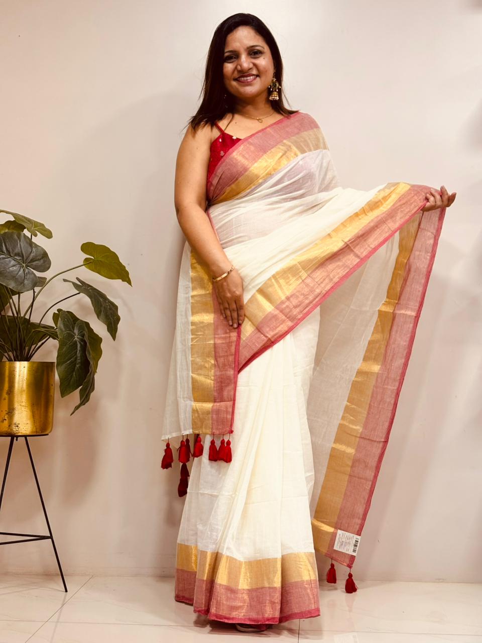 White Bengal Mul Cotton Saree Everyday Wear