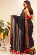 Black Red Bengal Mul Cotton Saree Everyday Wear