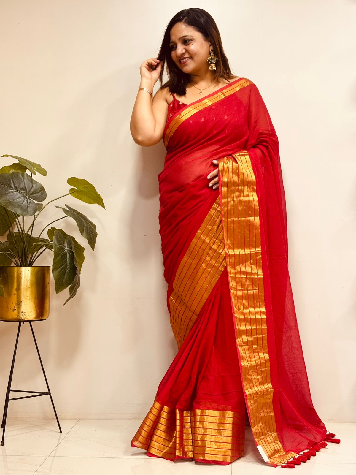 Red Bengal Mul Cotton Saree Festive Wear