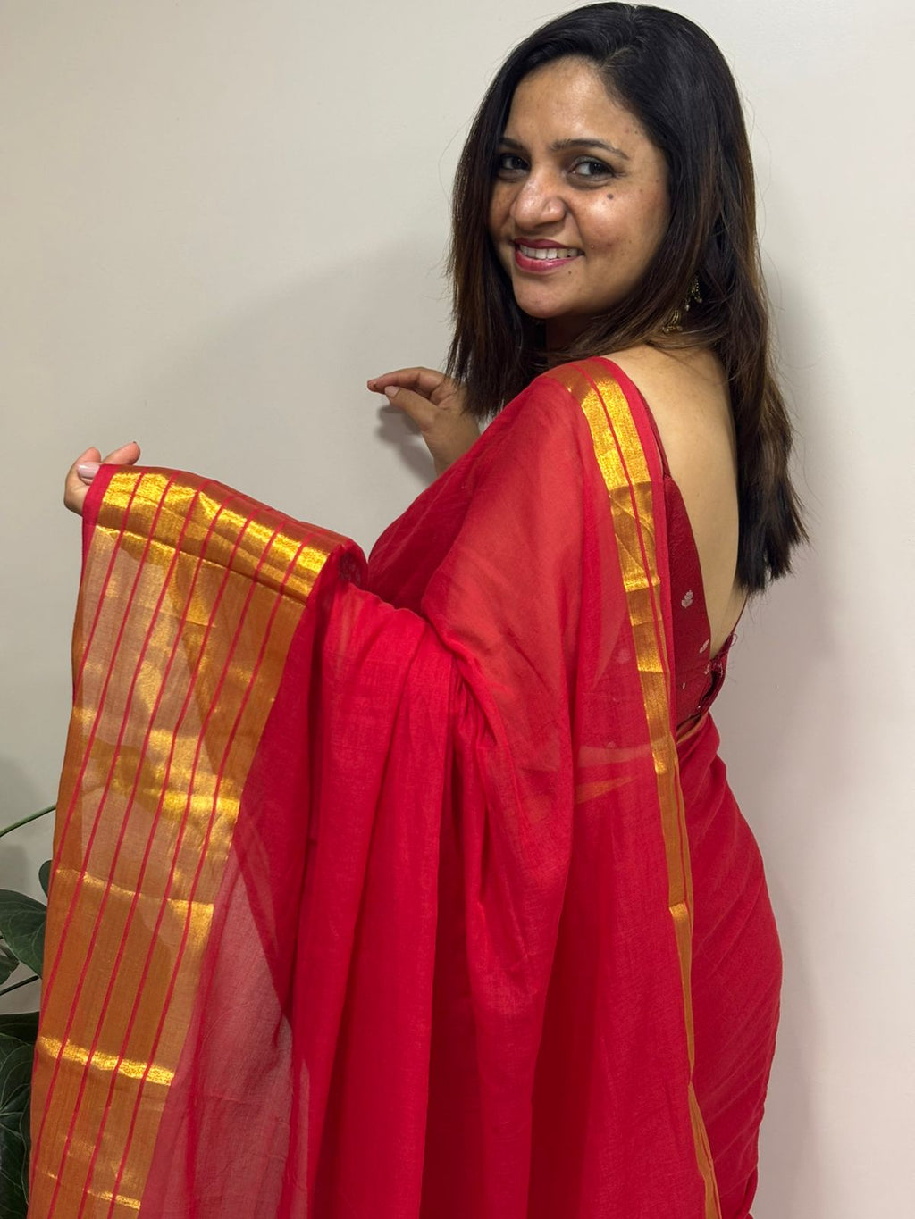 Red Bengal Mul Cotton Saree Festive Wear