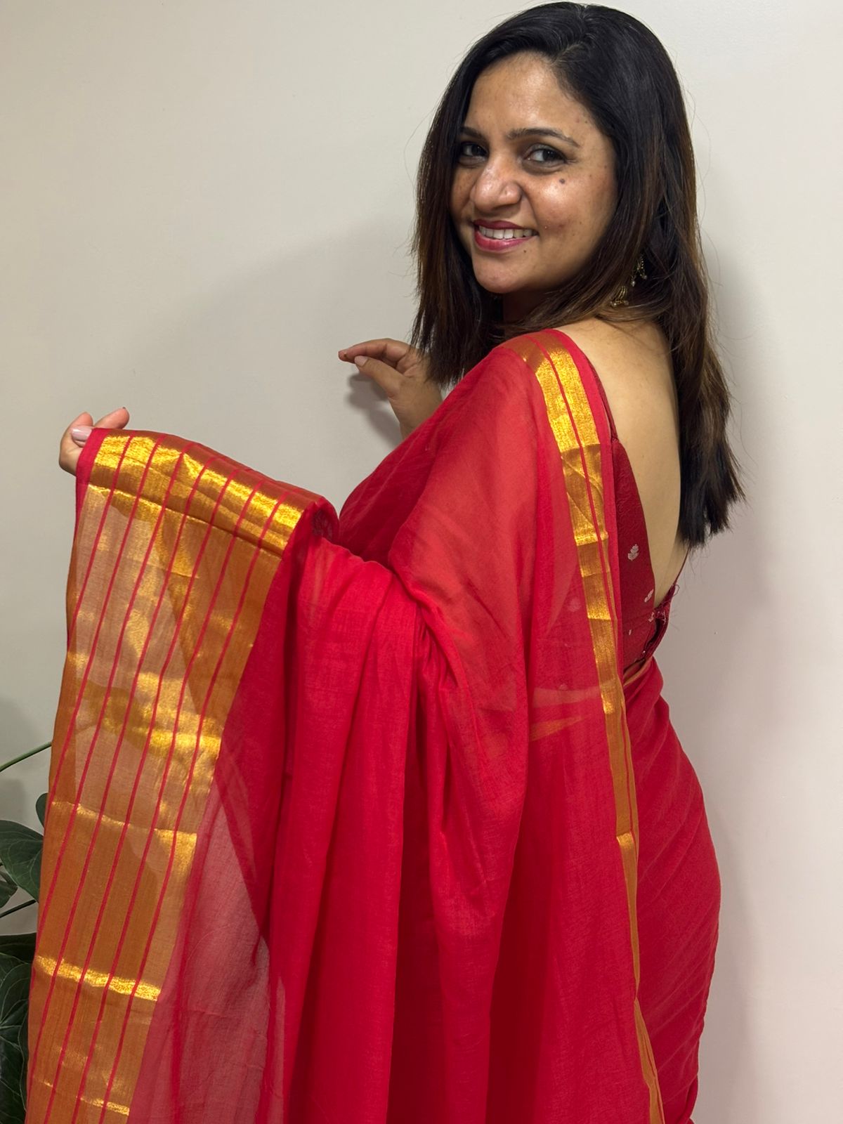 Red Bengal Mul Cotton Saree Festive Wear