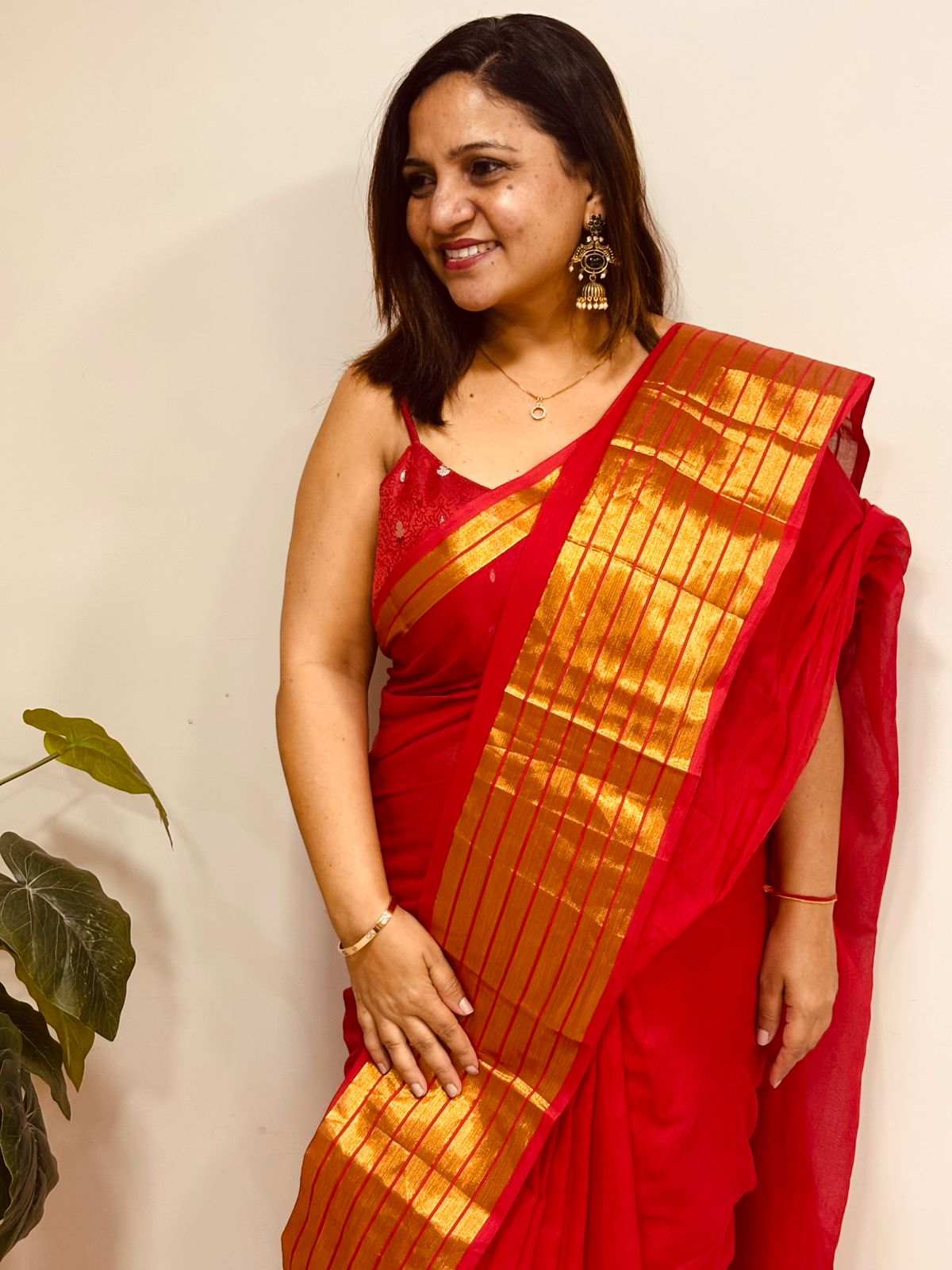 Red Bengal Mul Cotton Saree Festive Wear