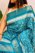 Blue Digital Print Crepe Saree Warli Design Festive Ethnic